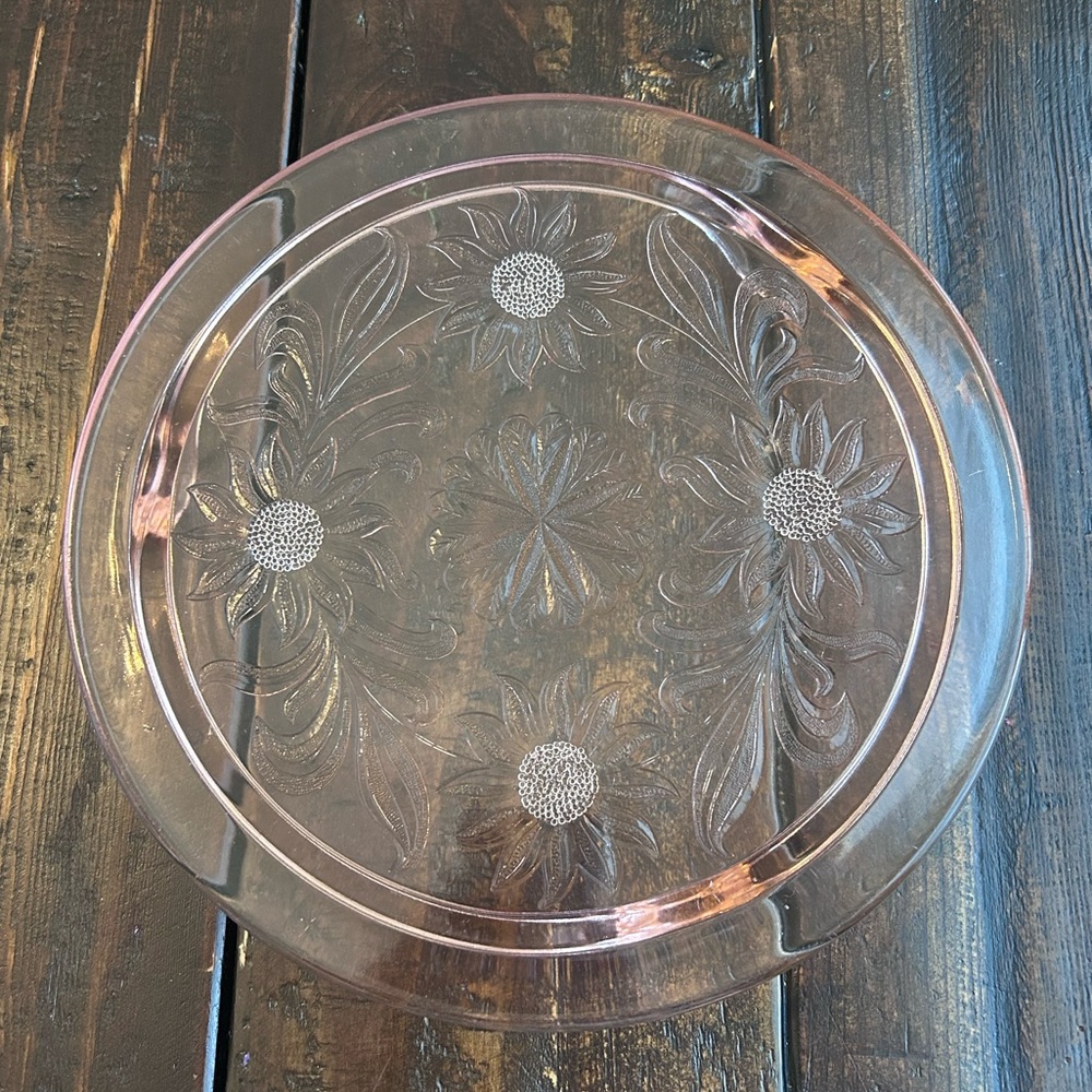 Vintage pink depression glass Jeanette Sunflower Cake Plate
